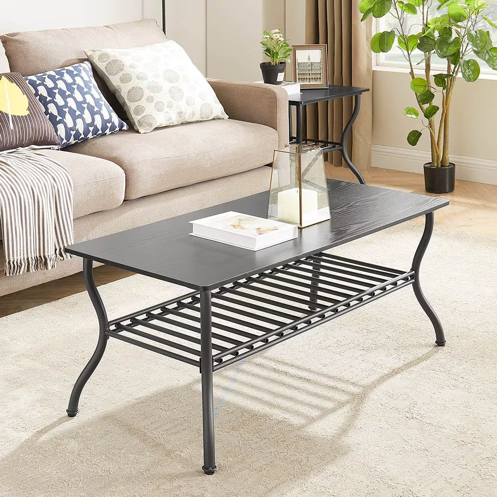 Black contemporary 3-piece rectangular coffee table set with sleek modern design, featuring smooth surfaces and sturdy legs.
