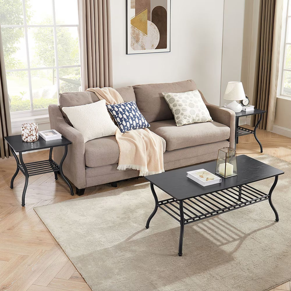 Black contemporary 3-piece rectangular coffee table set with sleek modern design, crafted for stylish living room decor.