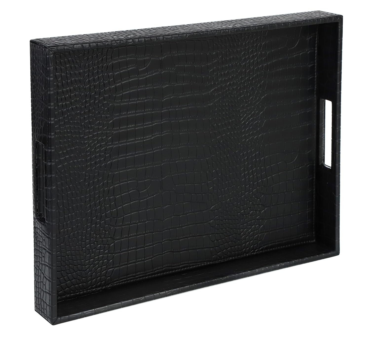 Black faux leather HofferRuffer rectangle serving tray with hole handles, ideal for coffee tables, breakfast, or tea service.