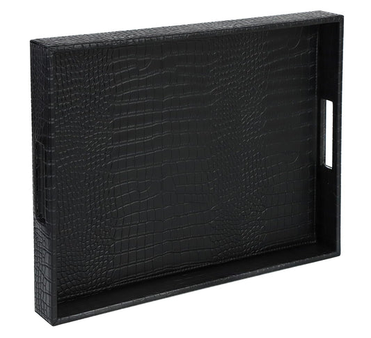 Black faux leather HofferRuffer rectangle serving tray with hole handles, ideal for coffee tables, breakfast, or tea service.
