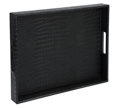 Black faux leather HofferRuffer rectangle serving tray with hole handles, ideal for coffee tables, breakfast, tea, or vanity use.