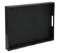 Black faux leather HofferRuffer rectangle serving tray with hole handles, ideal for coffee tables, breakfast, tea, or vanity use.