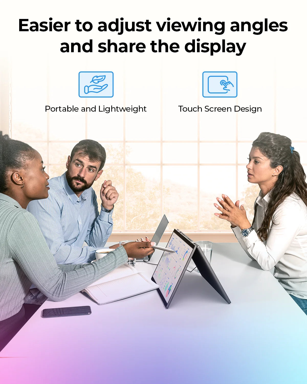 15.6-inch 1080P FHD USB-C portable LCD monitor with IPS display, infrared touch, Android OS, ideal for work and entertainment.
