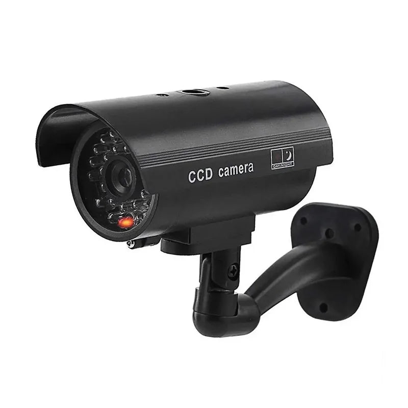 Black dummy security camera with LED red flashing light, battery-powered for indoor and outdoor use, by BackupMyFilesNow.com
