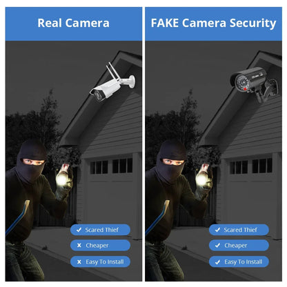 Black dummy security camera with LED red flashing light, battery-powered for indoor or outdoor use, from BackupMyFilesNow.com