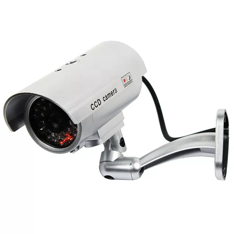 Black dummy security camera with LED red flashing light, battery-powered for indoor and outdoor use, by BackupMyFilesNow.com