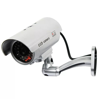 Black dummy security camera with LED red flashing light, battery-powered for indoor and outdoor use, by BackupMyFilesNow.com