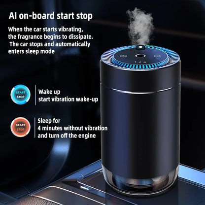 Black eaglewood smart car air freshener with projector light, USB rechargeable diffuser, and adjustable fragrance intensity.