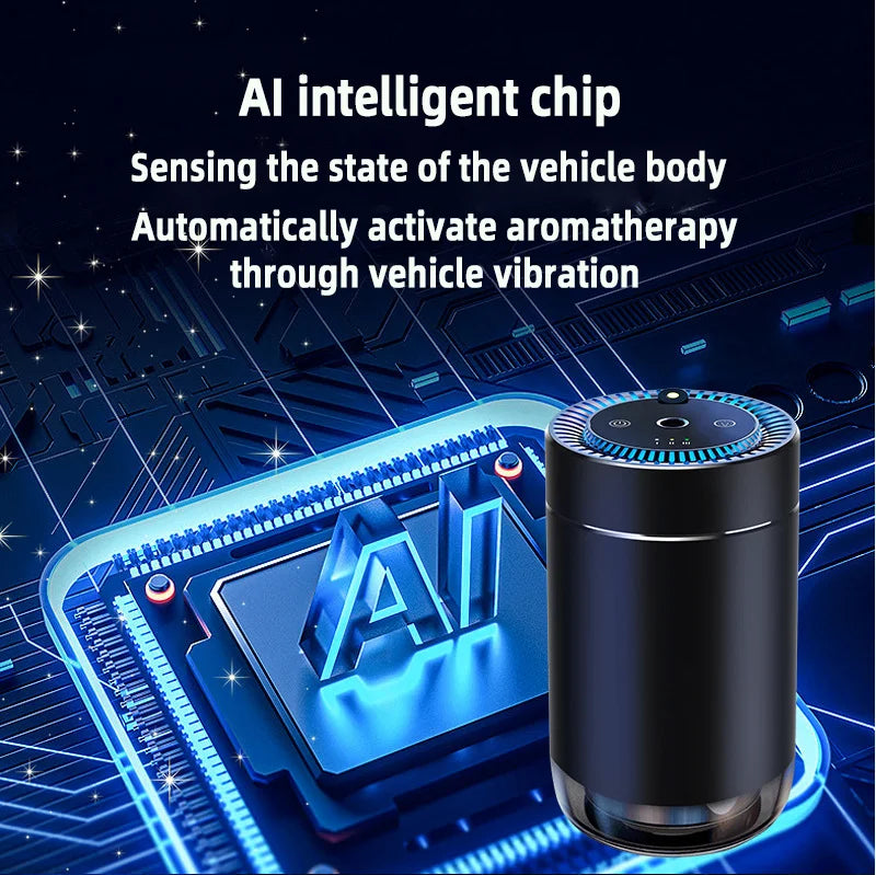 Black eaglewood smart car air freshener with projector light, USB rechargeable fragrance diffuser, Car Star top, adjustable scent intensity.