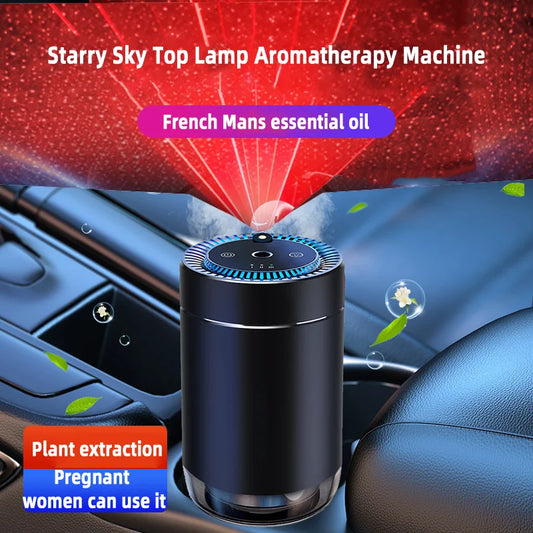 Black eaglewood smart car air freshener with projector light, USB rechargeable diffuser, adjustable fragrance intensity, designed for cars.