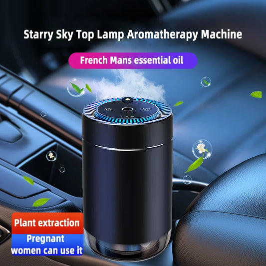 Black eaglewood smart car air freshener with projector light, USB rechargeable, fragrance diffuser, and adjustable scent intensity.