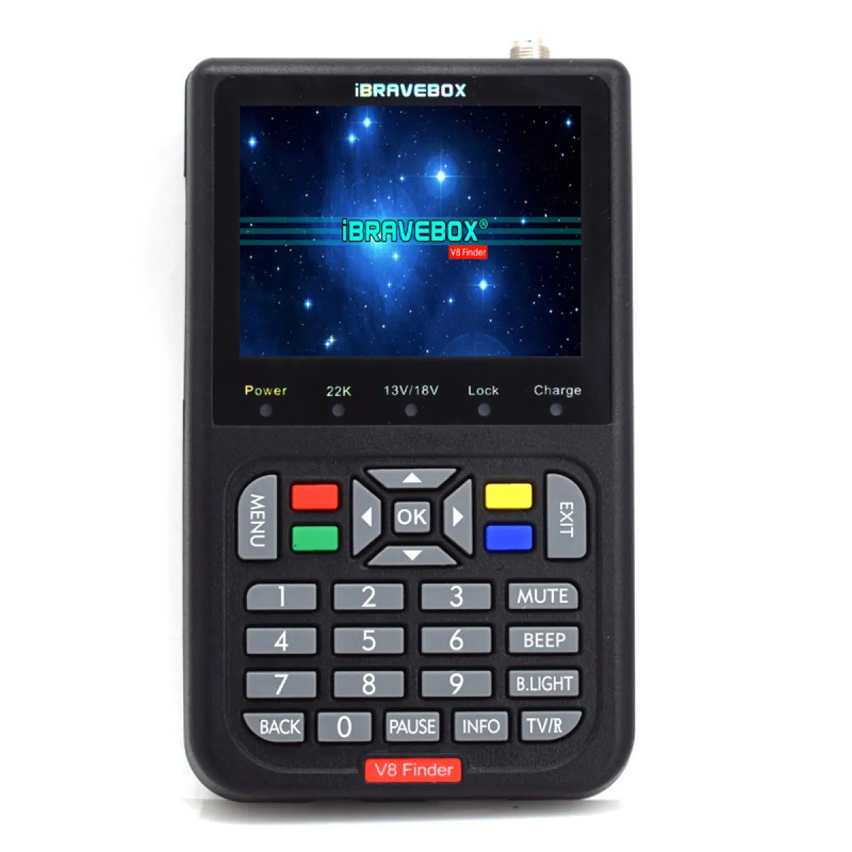 Black HD satellite finder IBRAVEBOX V8 plugged into electrical outlet, used for locating satellite signals.
