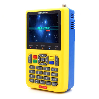 Black HD Satellite Finder IBRAVEBOX V8 connected to electrical outlet, used for TV satellite signal detection and alignment.