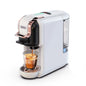 Black BACKUPMYFILESNOW.COM® espresso capsule coffee machine connected to electrical outlet, stylish home appliance for coffee brewing.