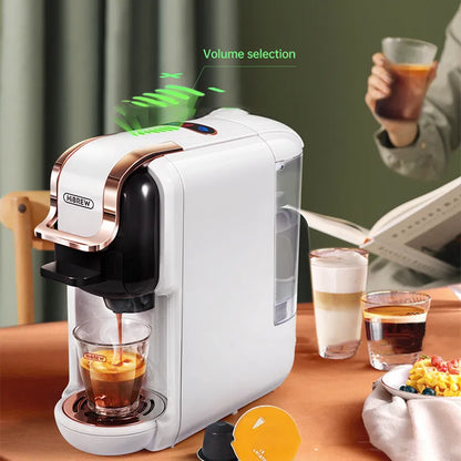 Black BACKUPMYFILESNOW.COM® espresso capsule coffee machine connected to electrical outlet, designed for home use and simple fashion.