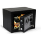 Black electronic safe box with digital code lock and emergency key for securing cash passports documents jewelry and home valuables.