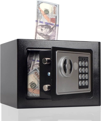 Black electronic safe box with digital code lock, emergency key, used for cash, passports, jewelry, and home security by BackupMyFilesNow.com
