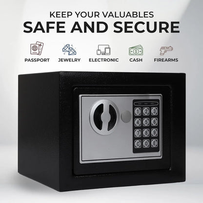 Black electronic safe box with digital code lock and emergency key, designed for cash, passports, jewelry, and home security.