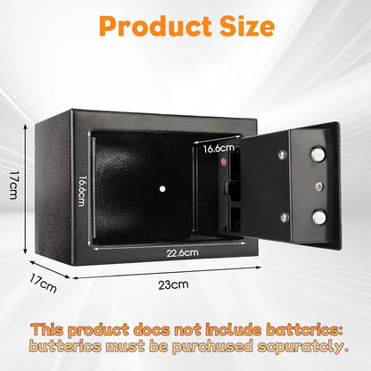Black electronic safe box with keypad and key, portable small security lockbox for home, cash, kids, and office use.