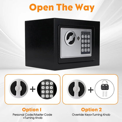 Black electronic safe box with keypad and key, portable small lockbox for home, cash, kids, and office security by BackupMyFilesNow.com