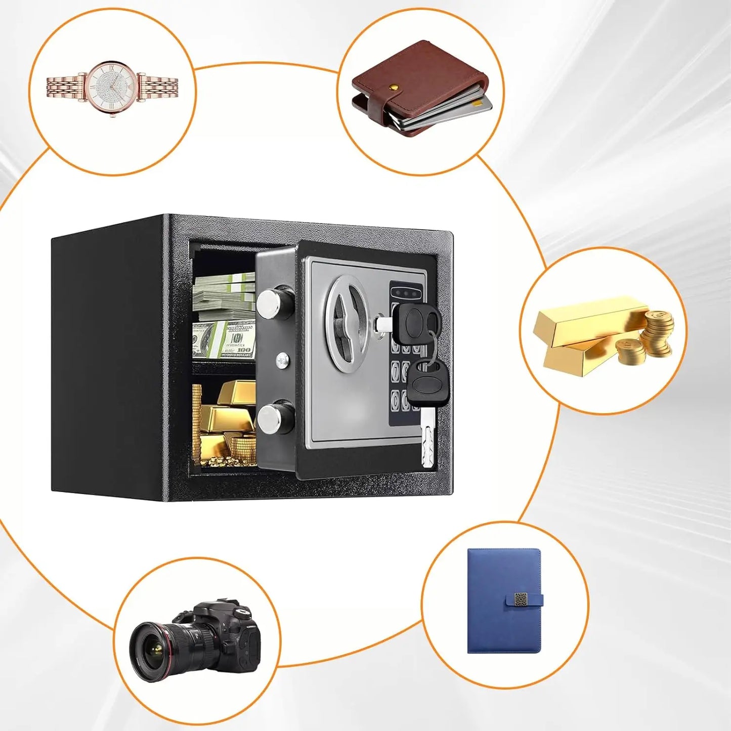 Black electronic security safe with keypad and key, portable mini lockbox for home cash, office use, and kids' valuables.