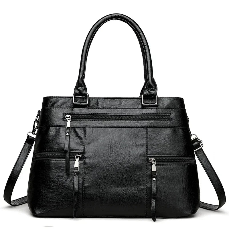 Elegant black women's handbag with top handle and shoulder strap, made of high-quality PU leather, casual tote and crossbody style.