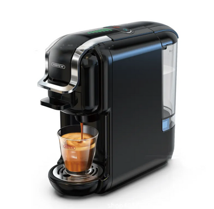 Black BACKUPMYFILESNOW.COM® espresso capsule coffee machine with sleek design and coffee brewing features.