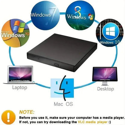 Black external USB CD/DVD drive with optical burner and DVD-ROM for desktop and laptop PCs.