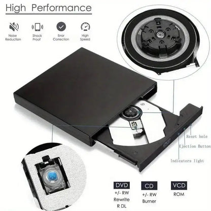 Black external CD/DVD drive with USB connection, optical player and burner for desktop and laptop PCs.