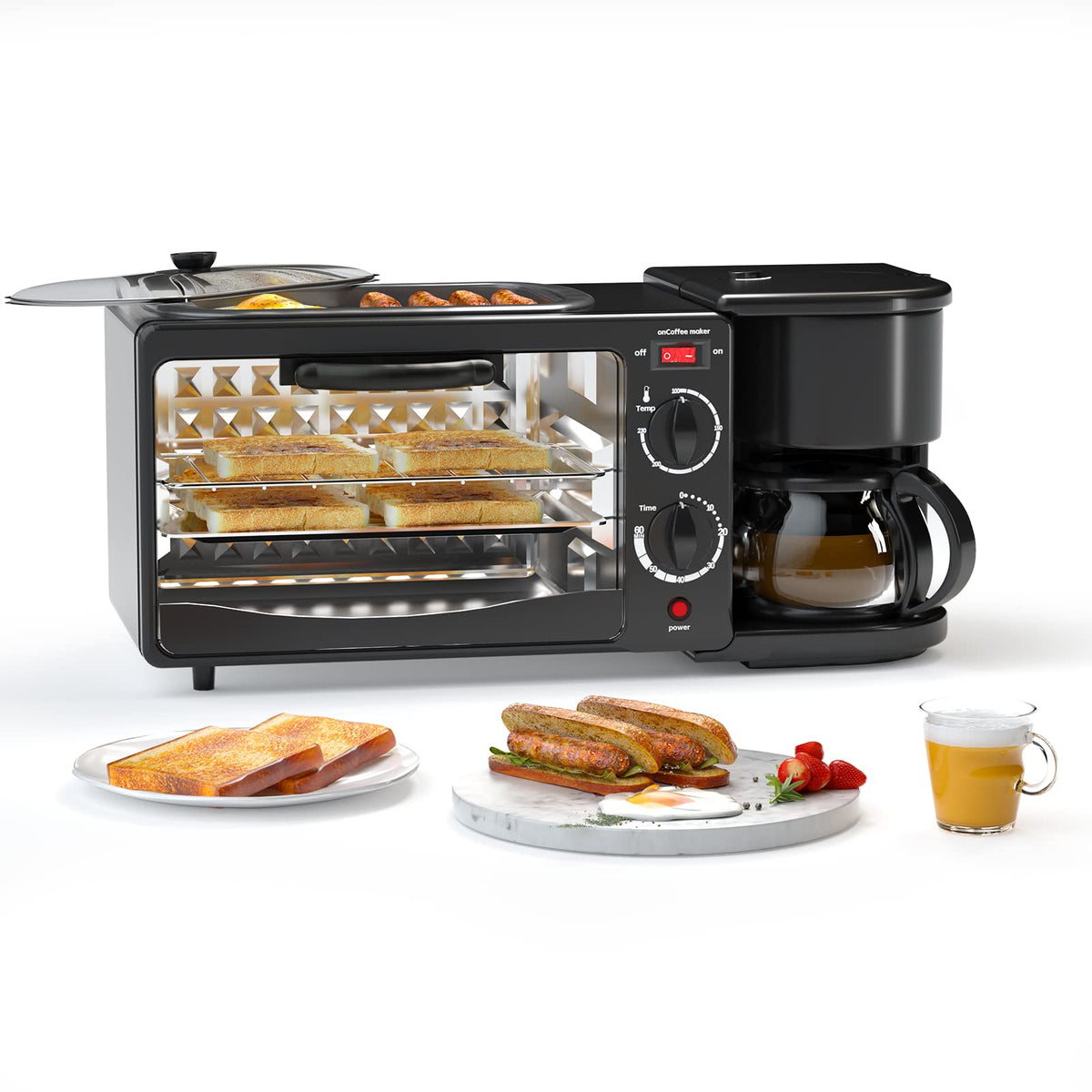 Black BackupMyFilesNow.com Breakfast Station with toaster, frying pan, portable oven, coffee machine, grill, and griddle for breakfast foods.