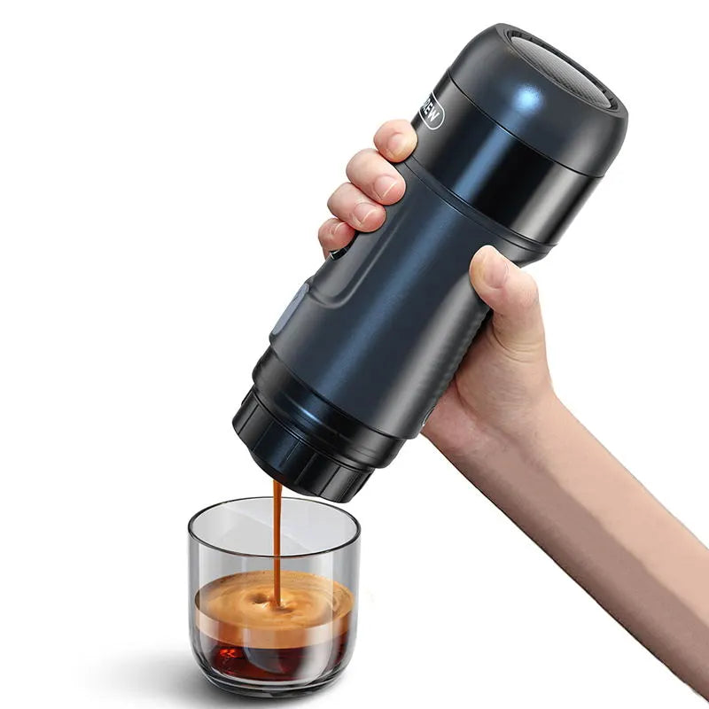 Black BackupMyFilesNow® Italian Espresso Outdoor Mini Handheld Fully Automatic Coffee Maker on a table with coffee cups.