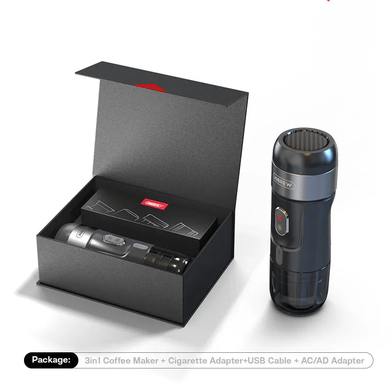 Black BackupMyFilesNow® Italian Espresso outdoor mini handheld fully automatic coffee maker with compact design and coffee brewing components.