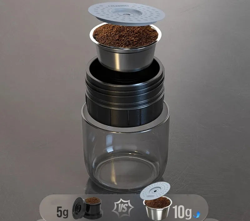 Black Italian espresso outdoor mini handheld fully automatic coffee maker with sleek design and compact size.