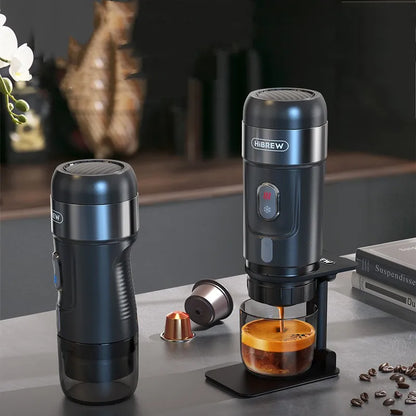 Black BackupMyFilesNow Italian Espresso outdoor mini handheld fully automatic coffee maker, compact and portable for outdoor brewing.