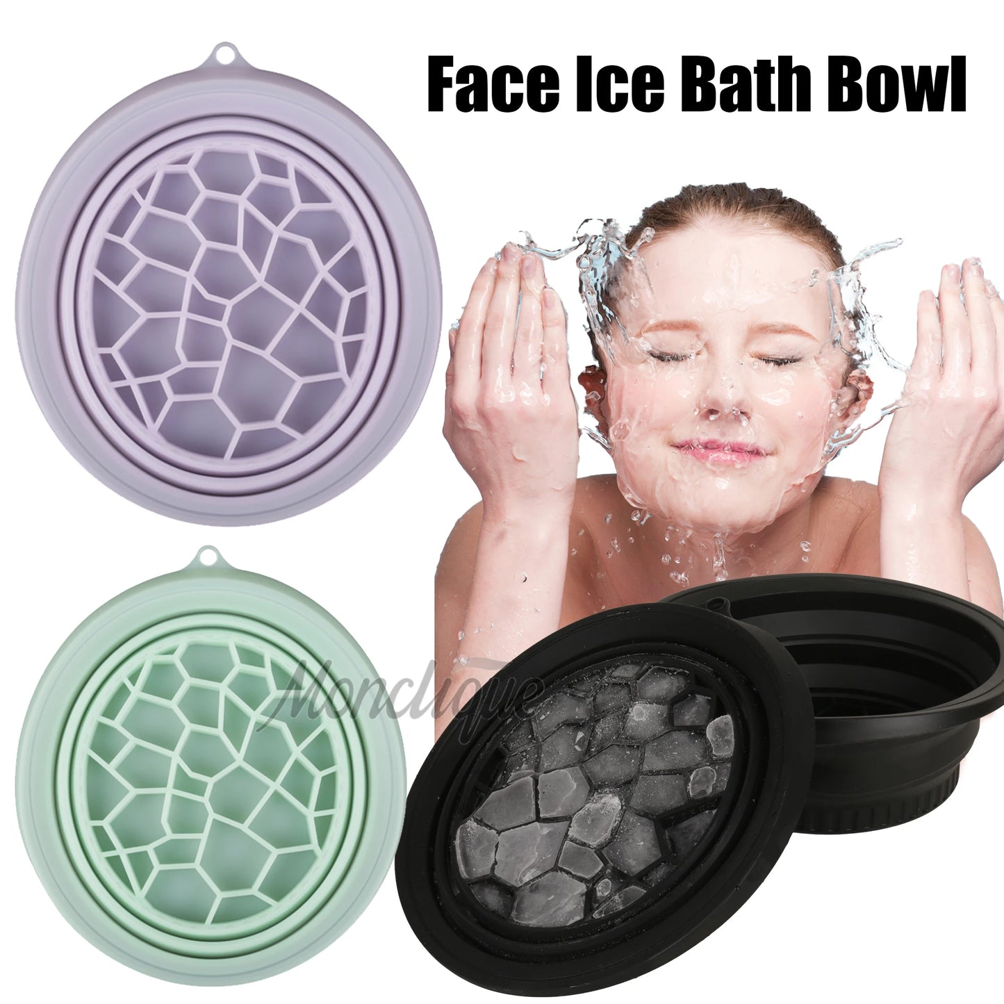 Black foldable silicone face ice bath tray for cold therapy, portable cryo skin tool to reduce facial puffiness and enhance skincare.