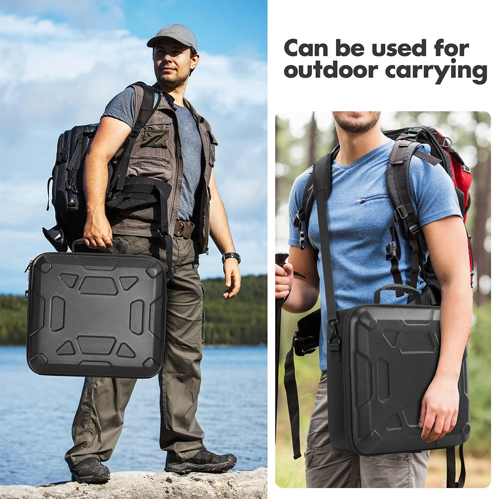 Black Starlink Mini protective storage bag with dual carry handles, waterproof exterior, and space for power cords and accessories.