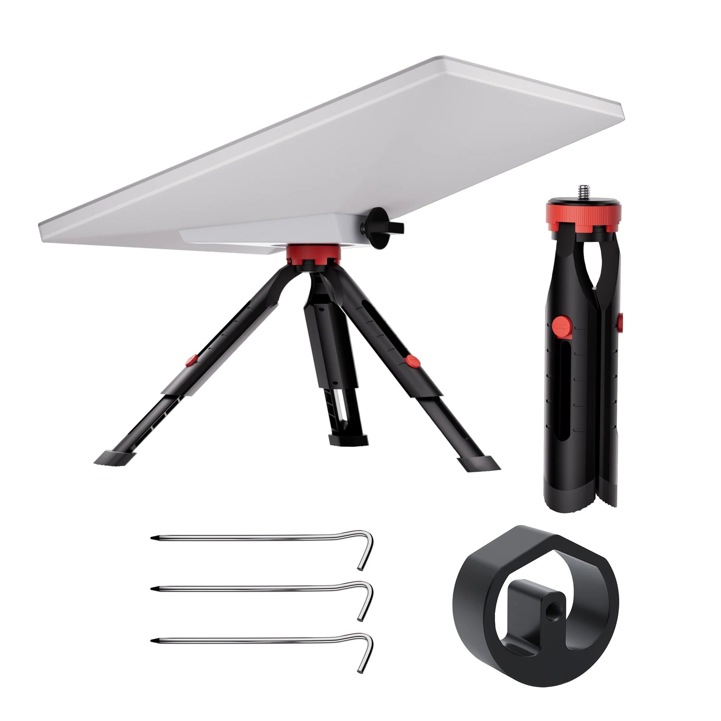 Black Starlink Mini Tripod Mount with adjustable height and tilt, featuring original pipe adapter for portable satellite setup.