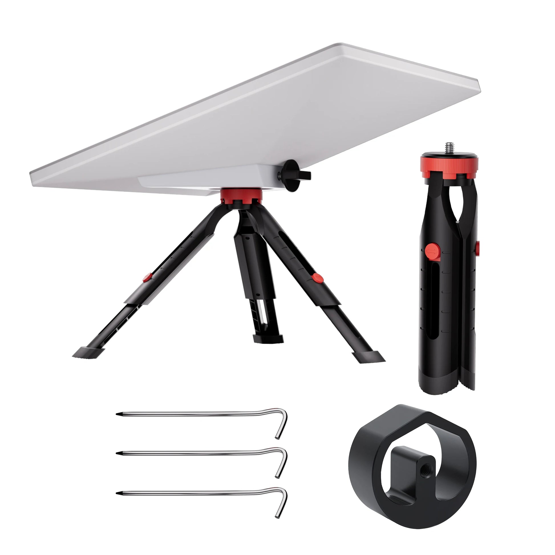 Black Starlink Mini Tripod Mount with adjustable height and tilt, featuring original pipe adapter for portable satellite setup.