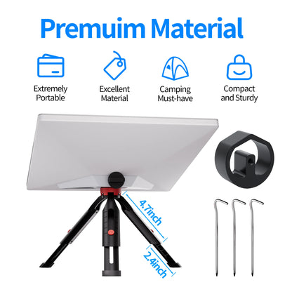 Black Starlink Mini Tripod Mount with adjustable height and tilt, featuring a pipe adapter and portable satellite pole mount kit.