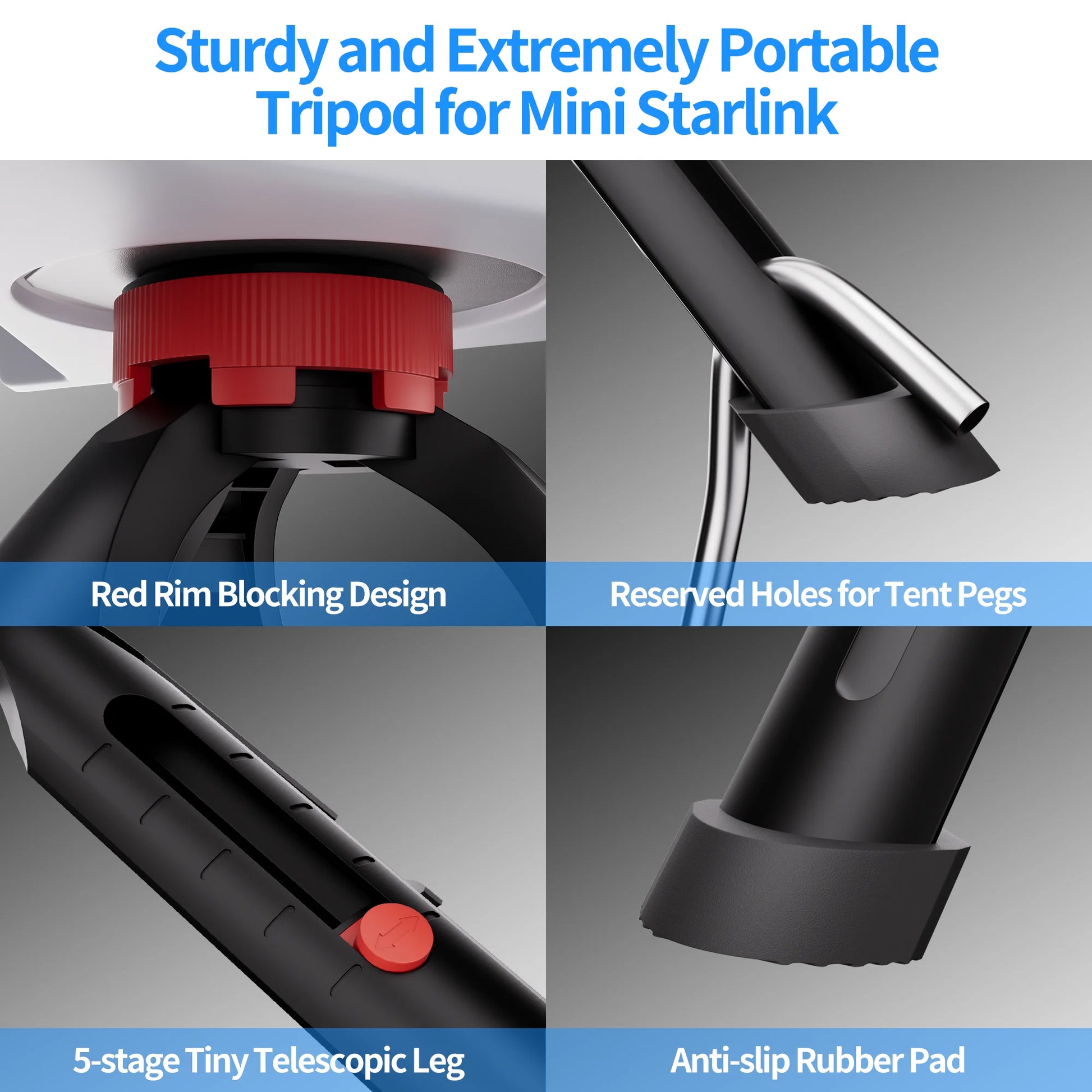 Black Starlink Mini Tripod Mount with adjustable height and tilt, featuring the original pipe adapter for satellite pole installation.