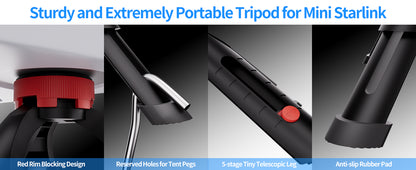 Black Starlink Mini Tripod Mount with adjustable height and tilt, featuring an original pipe adapter, portable satellite pole mount kit.