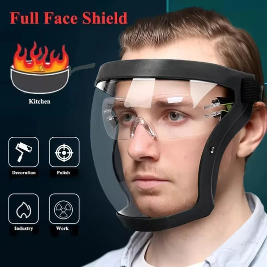 Black full-face transparent protection mask with adjustable buckle, reusable heat-resistant facial shield for safety in work and outdoor activities.