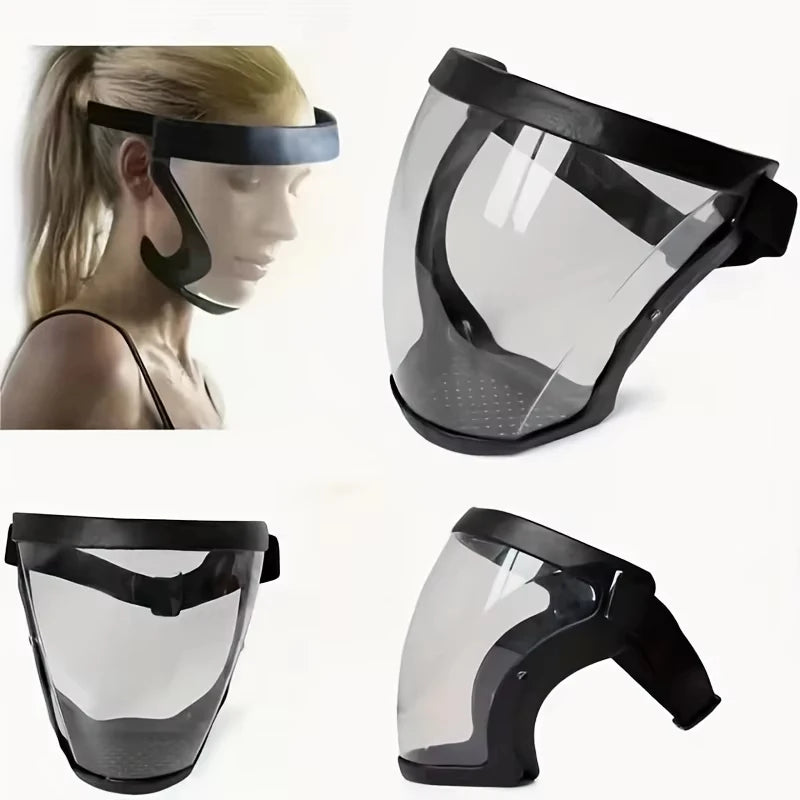 Black full-face transparent protection mask with adjustable buckle, reusable heat-resistant facial shield for safety in work and outdoor activities.