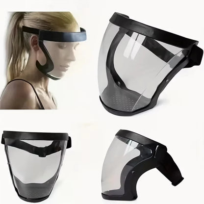 Black full-face transparent protection mask with adjustable buckle, reusable heat-resistant facial shield for safety in work and outdoor activities.