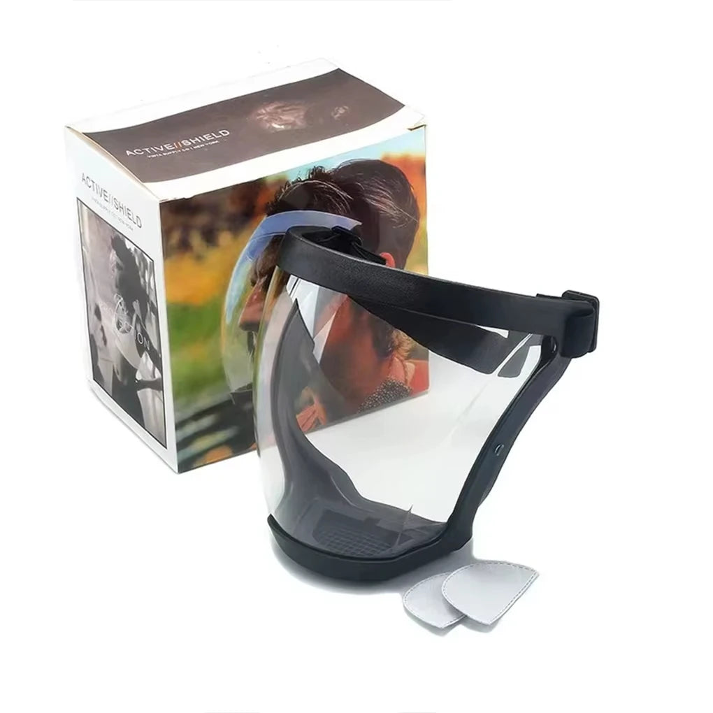Full-face transparent protection mask with adjustable buckle, heat-resistant facial shield for safety during work or outdoor activities.