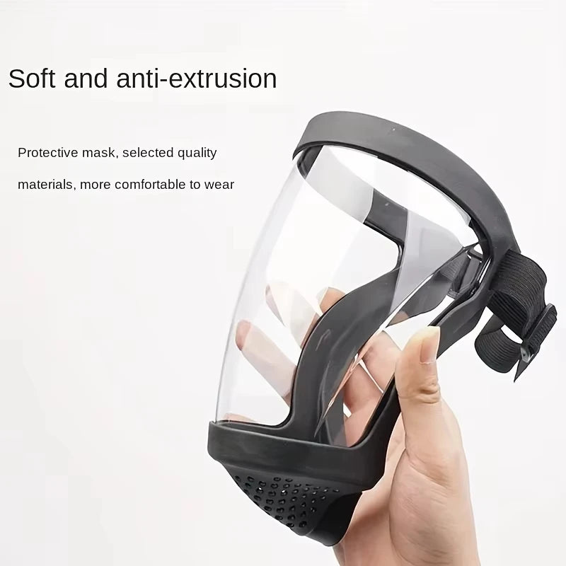 Full-face transparent protection mask with adjustable buckle, reusable heat-resistant facial shield for work or outdoor safety.