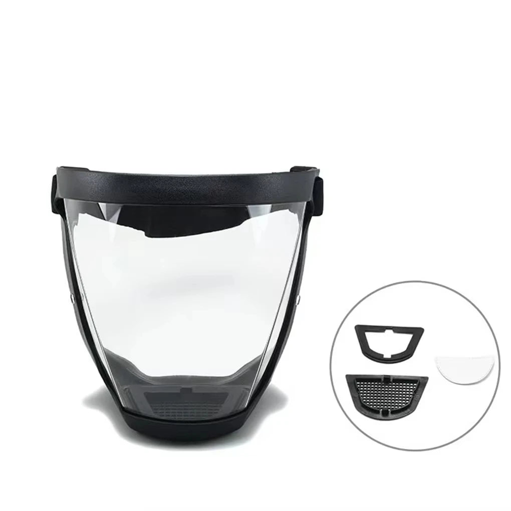 Full-face transparent safety mask with adjustable buckle, reusable heat-resistant shield for work or outdoor activities.