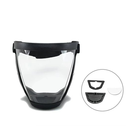 Full-face transparent safety mask with adjustable buckle, reusable heat-resistant shield for work or outdoor activities.