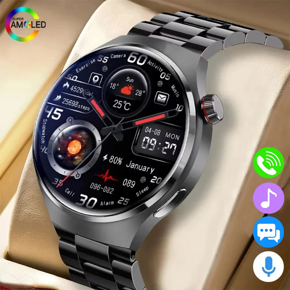 Black G.L Wear 2025 men's smartwatch with HD display, health tracking, Bluetooth calling, voice assistant, and sports features.