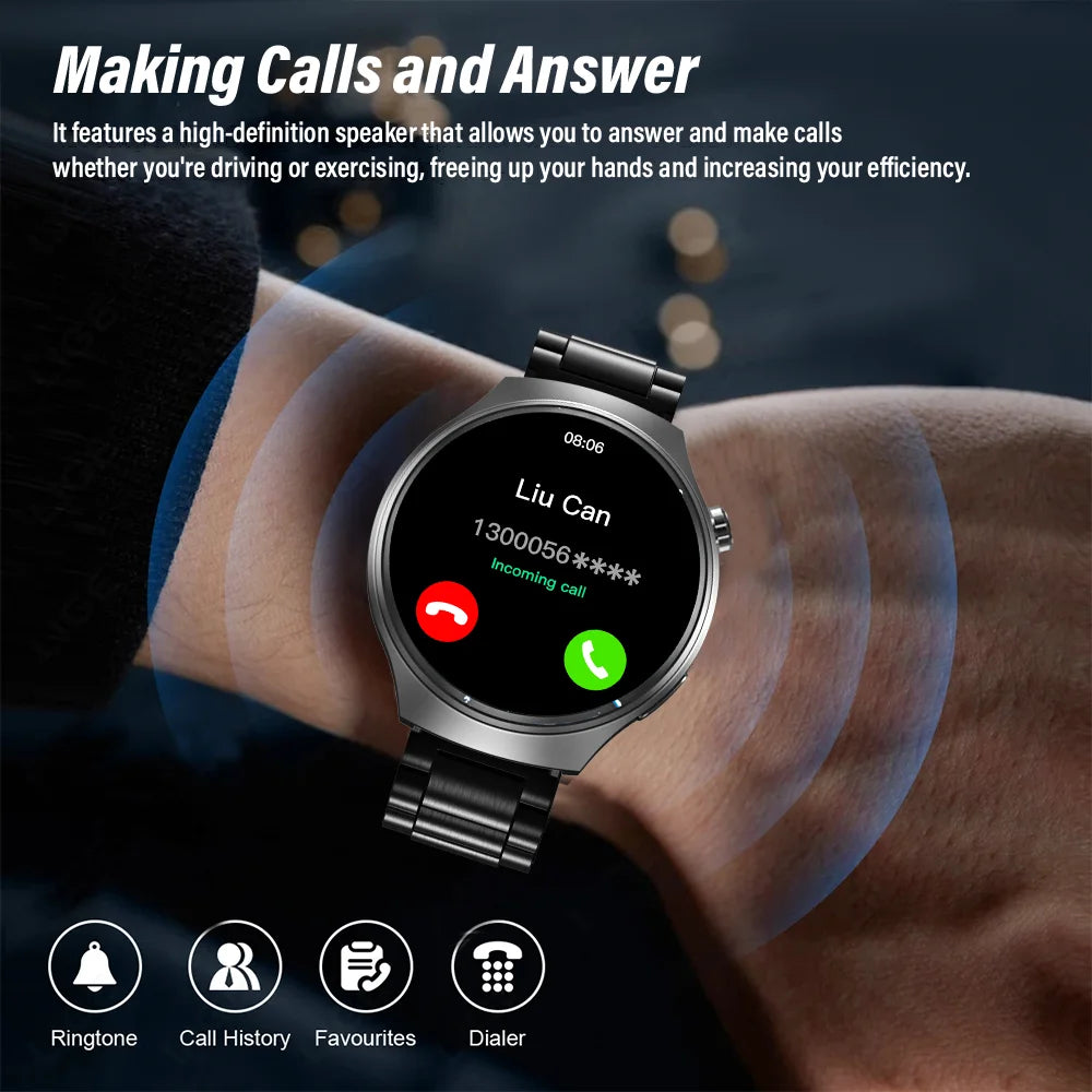 Black G.L Wear 2025 men's smartwatch with HD display, health tracking, Bluetooth calling, voice assistant, and sports features.